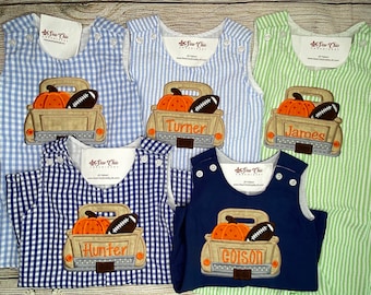 Baby Boy Fall Romper, Fall Truck with Pumpkin and Football Outfit, Boy Thanksgiving outfit, Baby Boy Overalls