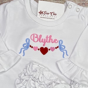 Baby Girl Personalized Ruffle Romper, Hearts and Bows, Embroidery