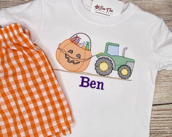 Baby Boy Halloween Tractor Pulling Candy Bucket Shirt with Gingham Shorts or Diaper Cover Options