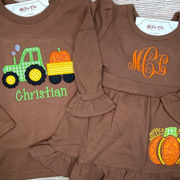 Matching Sibling Thanksgiving Set, Pumpkin Patch Picture Outfit, Baby Girl Dress, Baby Boy Outfit, Embroidery