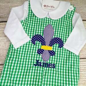 Baby Boy Mardi Gras Romper, Fleur de Lis, Boy Mardi Gras Outfit, Baby Boy Overalls, Options for t-shirt