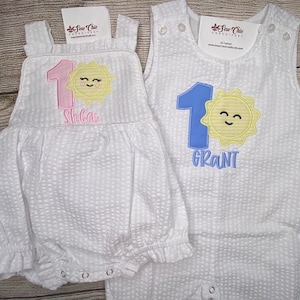 Baby Girl or Boy Sunshine 1st Birthday Romper, Number Applique Outfit, Sibling Options Too