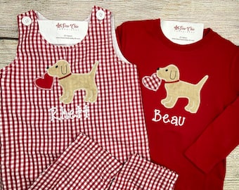 Matching Sibling Outfits, Valentine's Day Pup with Heart, Baby Girl Monogrammed Dress, Baby Boy Monogrammed Outfit
