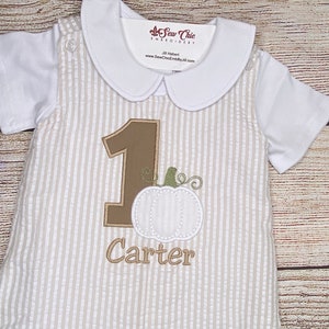 Baby Boy Pumpkin First Birthday, Khaki Seersucker, Personalized Embroidery Applique Outfit