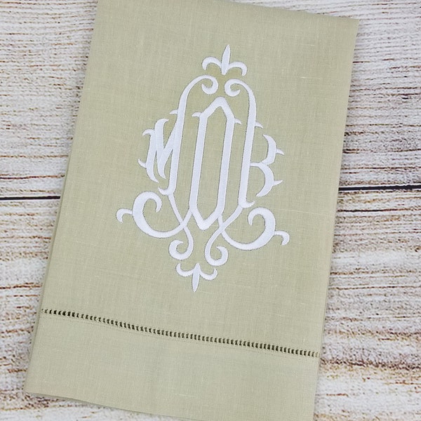 Monogrammed Linen Guest Towels, Fleur de Lis Monogram, Personalized Towels