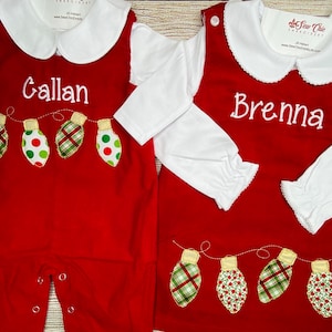 Baby Girl or Boy Christmas Lights Jumper Dress or Overalls, Matching Sibling