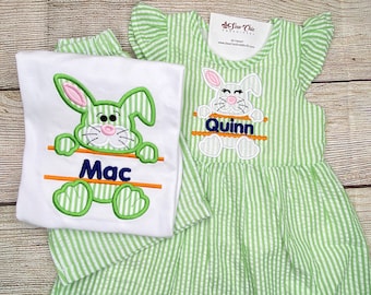 Sibling Easter Bunny Outfits, Personalized Seersucker Easter Outfit