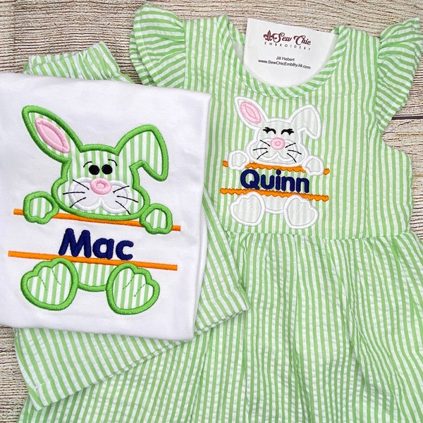 Sibling Easter Bunny Outfits, Personalized Seersucker Easter Outfit