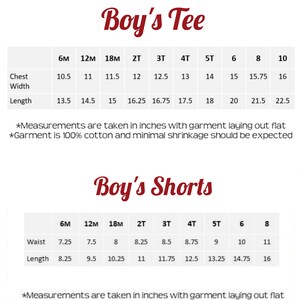 May include: Size chart for boys' clothing, showing measurements in inches for tees and shorts in sizes 6M to 10.  The chart includes measurements for chest width, length, waist, and length.