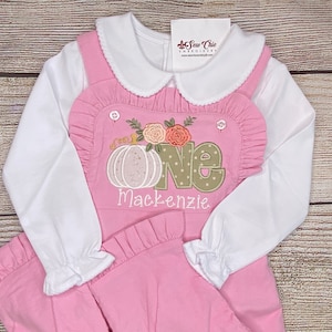 Baby Girl Pumpkin ONE First Birthday, Pink Ruffle Corduroy Overall, Personalized Embroidery Applique Outfit