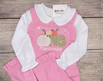 Baby Girl Pumpkin ONE First Birthday, Pink Ruffle Corduroy Overall, Personalized Embroidery Applique Outfit