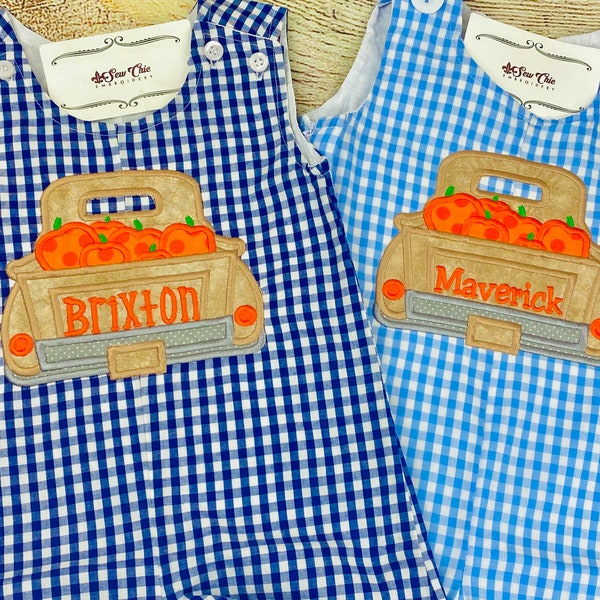 Baby Boy Fall Romper, Fall Truck with Pumpkins Outfit, Boy Thanksgiving outfit, Baby Boy Overalls