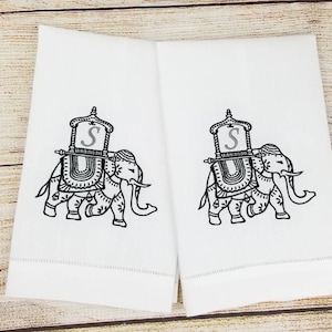 Monogrammed Tea Towel, Elephant Monogram, Personalized Home Decor, Chinoiserie Decor
