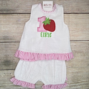 Baby Girl Strawberry 1st Birthday Romper, Swing Back Set, or Ruffle Longall, Number Applique Outfit
