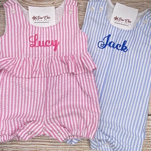 Monogrammed Twins Seersucker Rompers, Girl and Boy Twins, Personalized Outfits