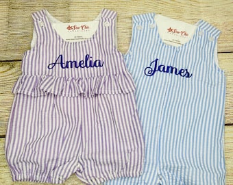Monogrammed Twins Seersucker Rompers, Girl and Boy Twins, Personalized Outfits