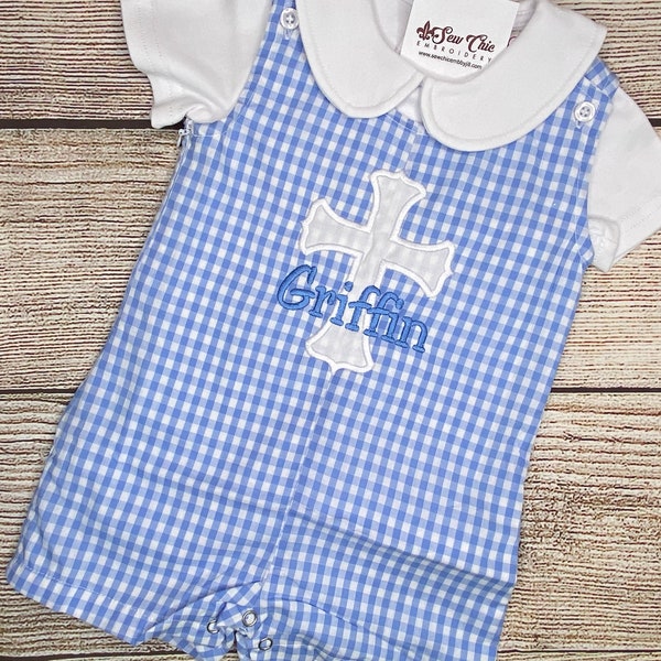 Baby Boy Baptism Romper, Cross Shortall, Personalized Outfit, Baby Boy Overalls