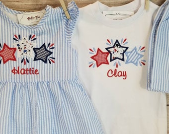 Patriotic Sibling Seersucker Outfit Set, Star Trio Applique, 4th of July Outfits
