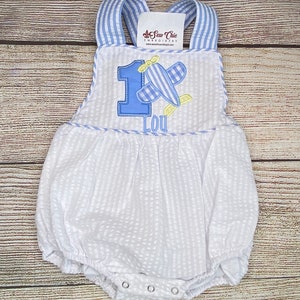 Personalized Baby Boy Light Blue Airplane Birthday Romper, Embroidery