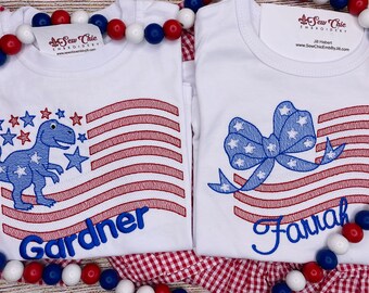 Patriotic Girl Boy Sibling Outfits, Dinosaur or Bow Flag, Embroidery