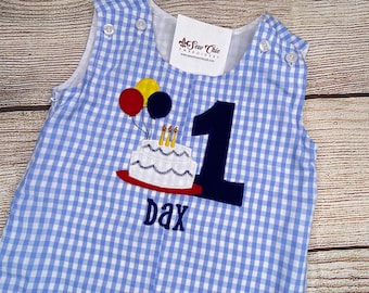 Baby Boy 1st Birthday Balloons and Cake Romper, Number 1-9 Applique Outfit