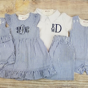 Monogrammed Girls Seersucker Dress Blue Seersucker Dress Newborn