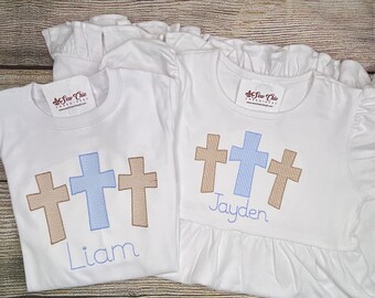 Personalized Easter Outfit, Cross, Baby Boy or Baby Girl, Dress or Shirt & Shorts, Embroidery