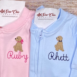 Personalized Baby Girl or Baby Boy Footie, Coming Home Outfit, With Bow or Pup above name, Embroidery