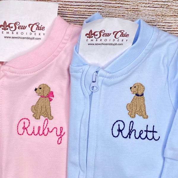 Personalized Baby Girl or Baby Boy Footie, Coming Home Outfit, With Bow or Pup above name, Embroidery