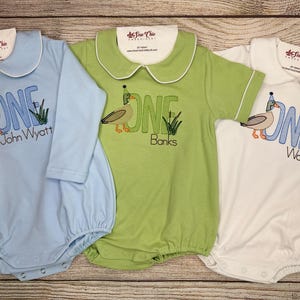 Baby Boy Duck 1st Birthday Bubble or Shirt and Short Set, Mallard Duck, Embroidery, Short Sleeve and Long Sleeve options
