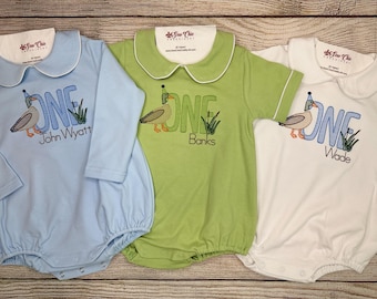 Baby Boy Duck 1st Birthday Bubble or Shirt and Short Set, Mallard Duck, Embroidery, Short Sleeve and Long Sleeve options