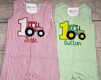 Baby Boy Tractor 1st Birthday Romper or Shirt and Shorts, Applique Embroidery Outfit