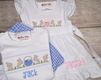 Personalized Sibling Easter Bunny Outfits, Faux Smock Easter Bunnies, Girl and Boy Options