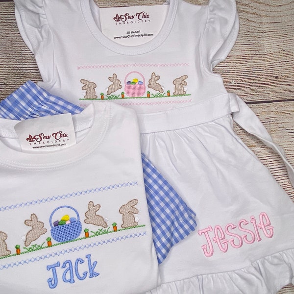 Personalized Sibling Easter Bunny Outfits, Faux Smock Easter Bunnies, Girl and Boy Options