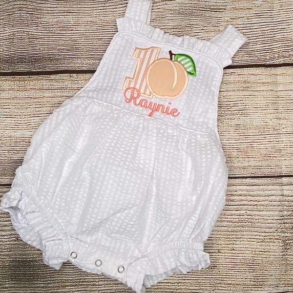 Baby Girl Peach 1st Birthday Romper, Number Applique Outfit