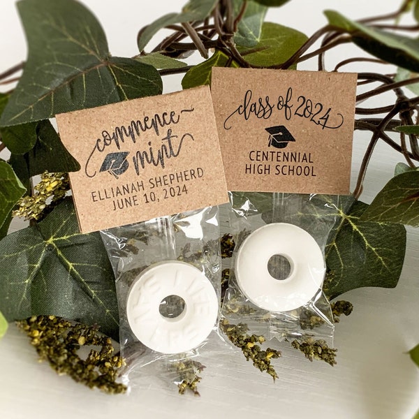 Graduation Favors Commence-Mints, 2024 Graduation Mint Favors, Graduation Decoration, Gold Kraft or Silver Grad Cap Favor, Life Saver Mint