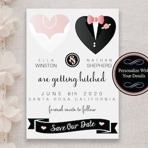 May include: A rectangular save the date card featuring two heart-shaped icons, one resembling a white dress with a pearl necklace and the other a black tuxedo with a pink bow tie. Text includes names Ella Winston and Nathan Shepherd, date June 6th 2020, location Santa Rosa, California, and a black banner with the words Save Our Date.