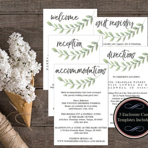 Greenery Enclosure Cards, Reception Card, Welcome Card, Directions Card, Accommodations Card, Gift Registry Card, PDF Enclosures #NP2700C