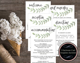 Greenery Enclosure Cards, Reception Card, Welcome Card, Directions Card, Accommodations Card, Gift Registry Card, PDF Enclosures #NP2700C