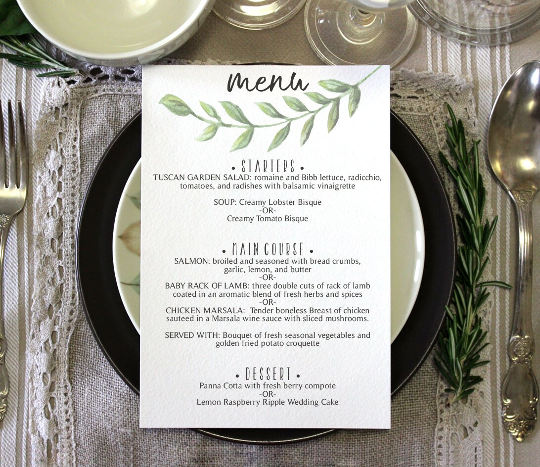 Greenery Wedding Menu Template, Menu Cards Rustic, Reception Menu, Menu Printable, Rustic Wedding, DIY Menu, PDF Instant Download #NP2700G