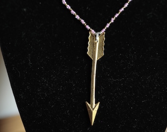 Pink and gold beaded necklace with golden arrow charm hand made one of a kind girls gift womens gift.