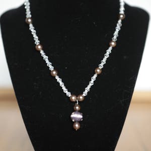 Purple and crystal beaded necklace hand made one of a kind round purple glass charm girls gift women&#39;s gift