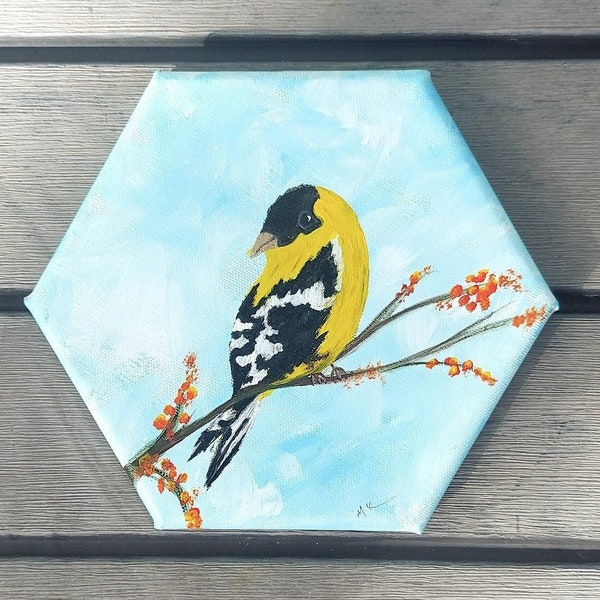 Original Small Bird Painting, Yellow Goldfinch mini Painting, State Bird Original Art, Male Finch, Bird Lover Gift, Home Decor Gift under 50