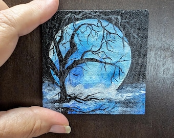 Blue Moon Landscape Magnet: Original Acrylic Mini Painting (3x3)