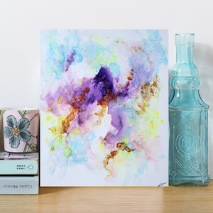 Original Alcohol Ink Art: Purple & Gold Abstract Painting, 8x8 Canvas
