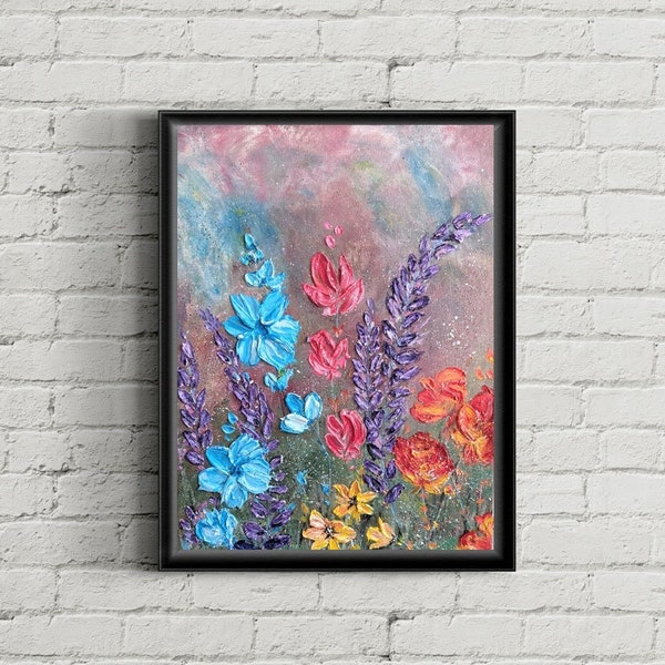 Original colorful floral painting on canvas, Abstract 3D flower wall decor, Custom wall art, Modern flower textured painting, home decor art