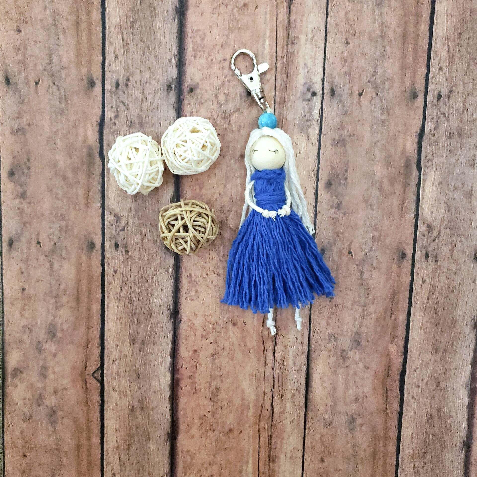 Tassel Keychain for Women Wood Bead Blue Tassel Keychain Etsy