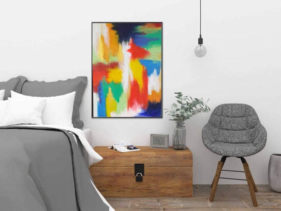 Abstract Rainbow Acrylic Painting Modern Style Wall Art Large Bedroom Wall Decor Contemporary Style Artwork Vivid Color Painting