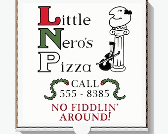 May include: A white pizza box with the Little Nero's Pizza logo. The logo includes text, a cartoon character, and a violin. The text reads "Little Nero's Pizza", "Call 555-8385", and "No Fiddlin' Around!"