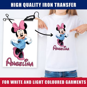 Minnie Mouse Blue Dress Żelazko Transfer Personalizowane Imię Urodziny Dzieci Dzieci Disney Animacja Koszulka Ubranie Prezent Rozmiar A4 A5